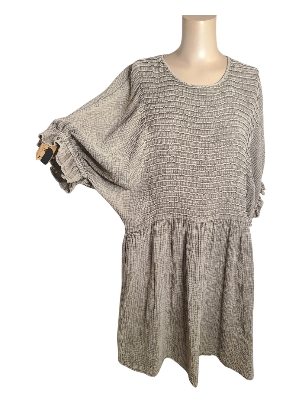 Easel Taupe Gray 100% Cotton Gauze Smocked Ruffle Sleeve Dress Boho Small